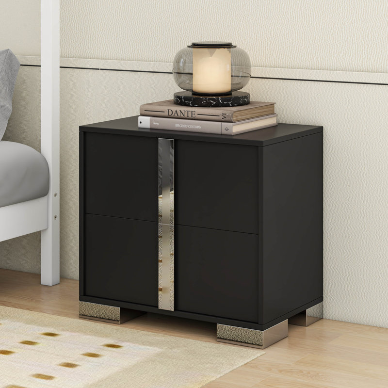 Table de chevet de luxe avec 2 tiroirs de rangement, table de chevet simple et généreuse avec poignée, Noir