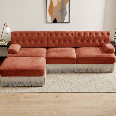 3-Seater Velvet L-Shaped Modular Sectional Sofa with Ottoman, Cloud Couch Chesterfield Style with Button Tufting & Tassel Skirt, High-Resilience Foam & Wood Base for Living Room, Study