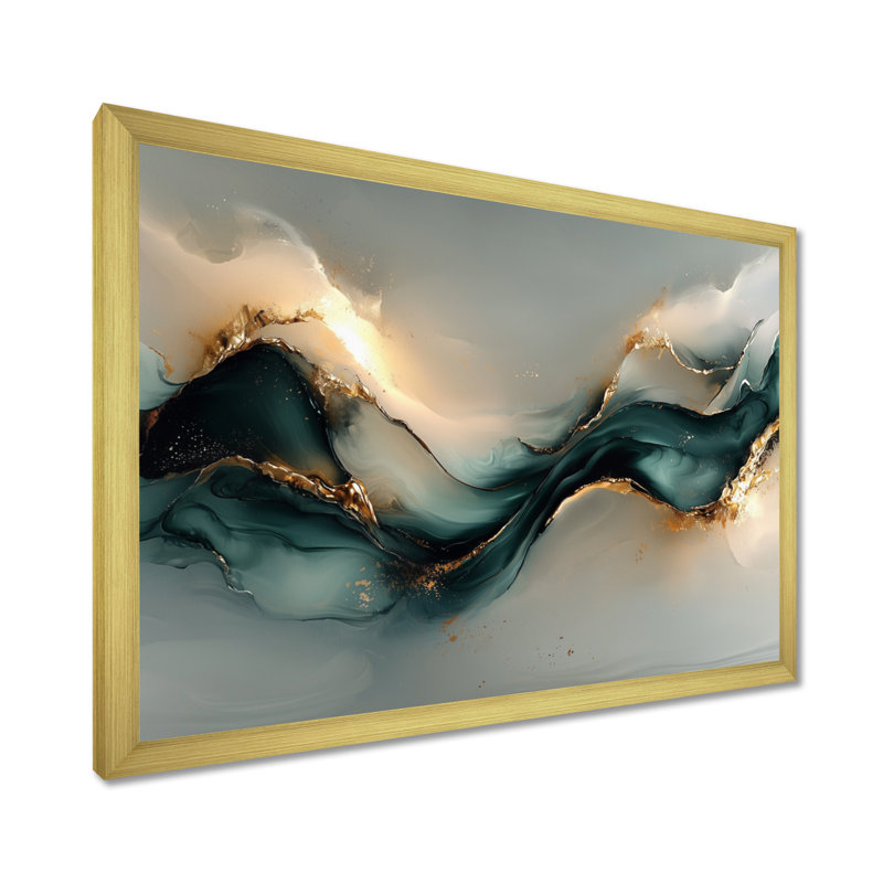 Marbre émeraude fractal, vagues océaniques II - art abstrait sur toile marbrée, Cadre simple, H 12 po x l 20 po, Doré