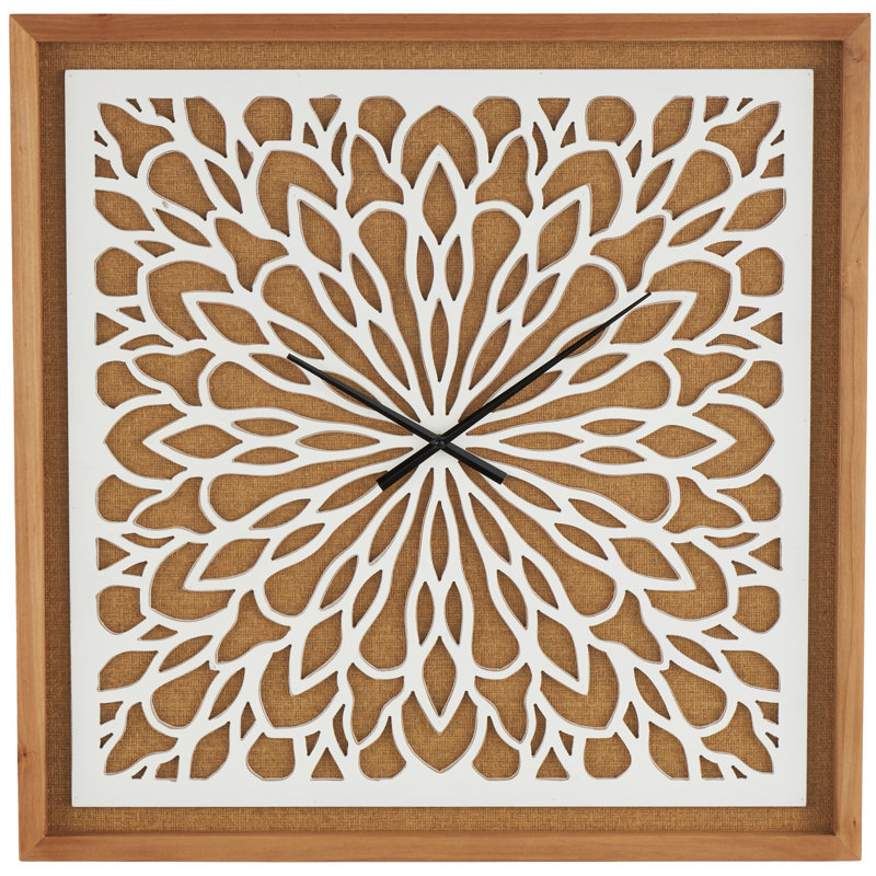 Cole And Grey Wood Floral Decorative Brown Wall Clock With White Cutout Board