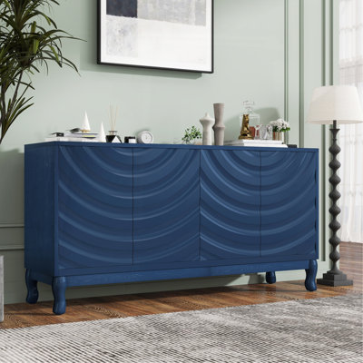 Élégant buffet doté de portes à motif ondulé sophistiquées avec un design à rainures arquées dans une disposition élégante à quatre portes, réglable, adapté pour le bureau, le vestibule et le salon (bleu marine)