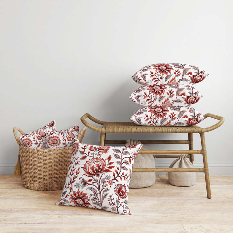 Red and Gray Floral Faux Suede Square Throw Pillow
