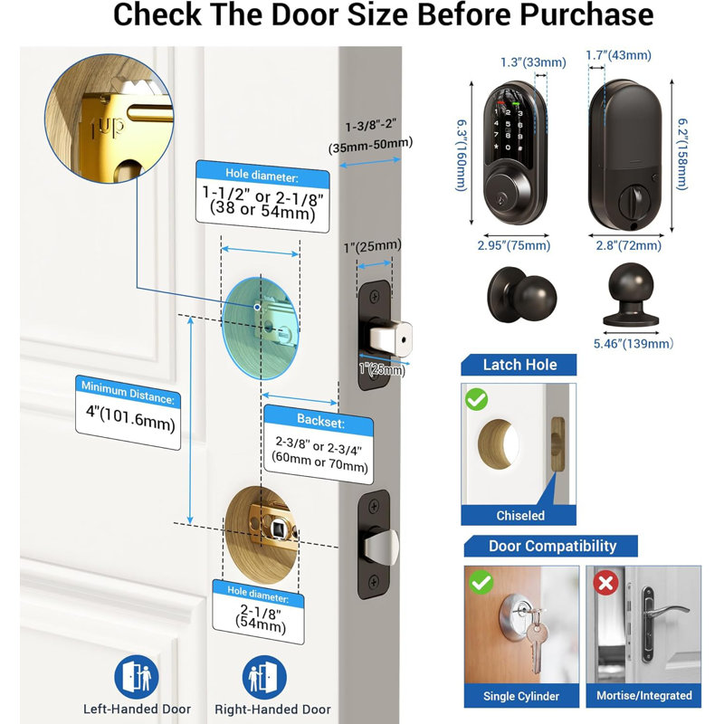 Smart Front Door Lock Set, Keyless Electronic Deadbolt with Knob Handle, App Remote Control, Touchscreen Keypad