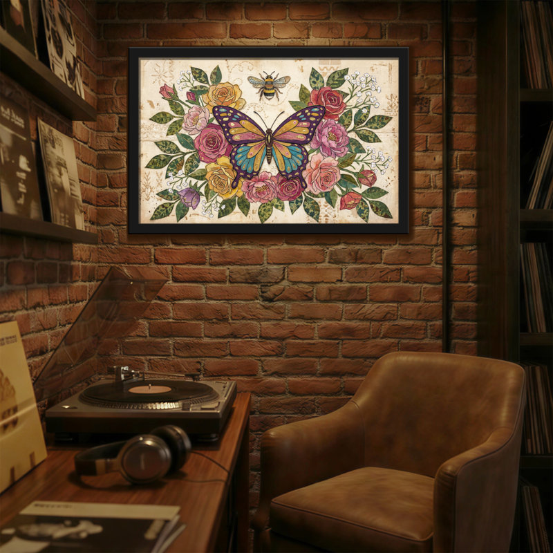 Reproduction d'art à motif animalier, papillon et rose, H 12 po x l 18 po