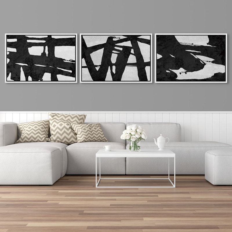 "Formes abstraites de peinture à l'encre noire et grise", 3 pièces, H 16 po x l 24 po, Cadre blanc