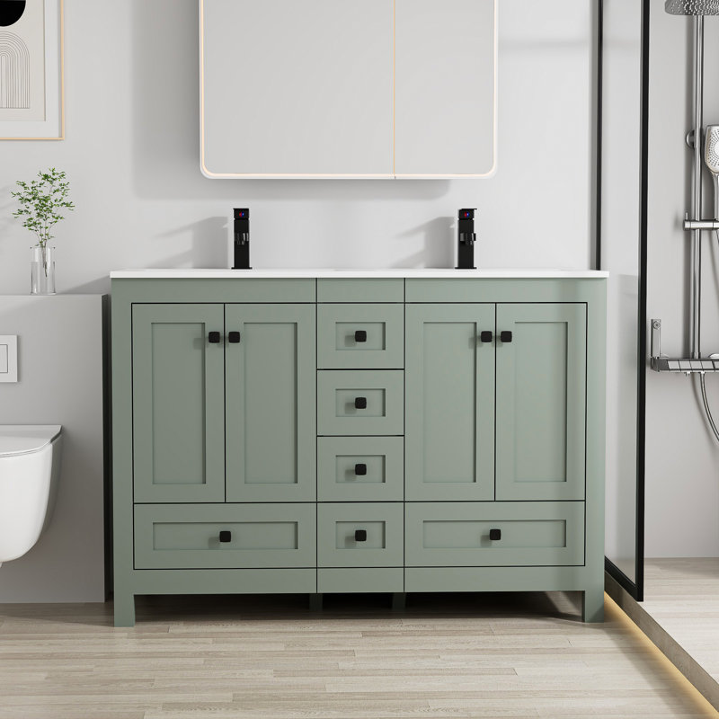Meuble-lavabo double 48 po avec plateau en résine Wimer, assemblage requis, charnières de porte à fermeture en douceur, certificat EPA