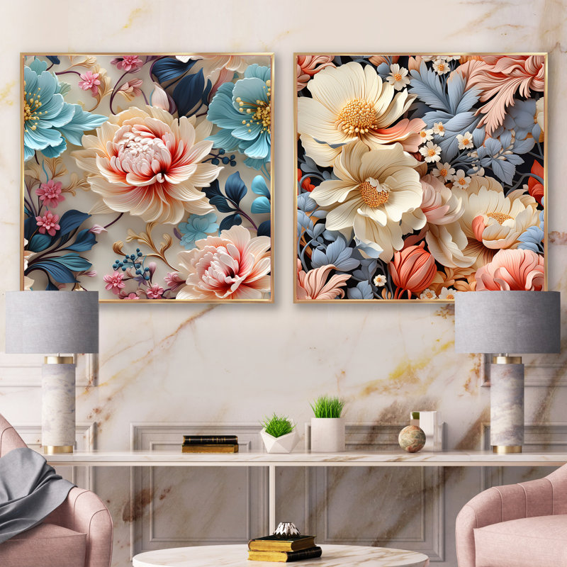Sheena - Ensemble de 2 collages carrés floraux, Cadre flottant doré, H 30 po x l 61 po