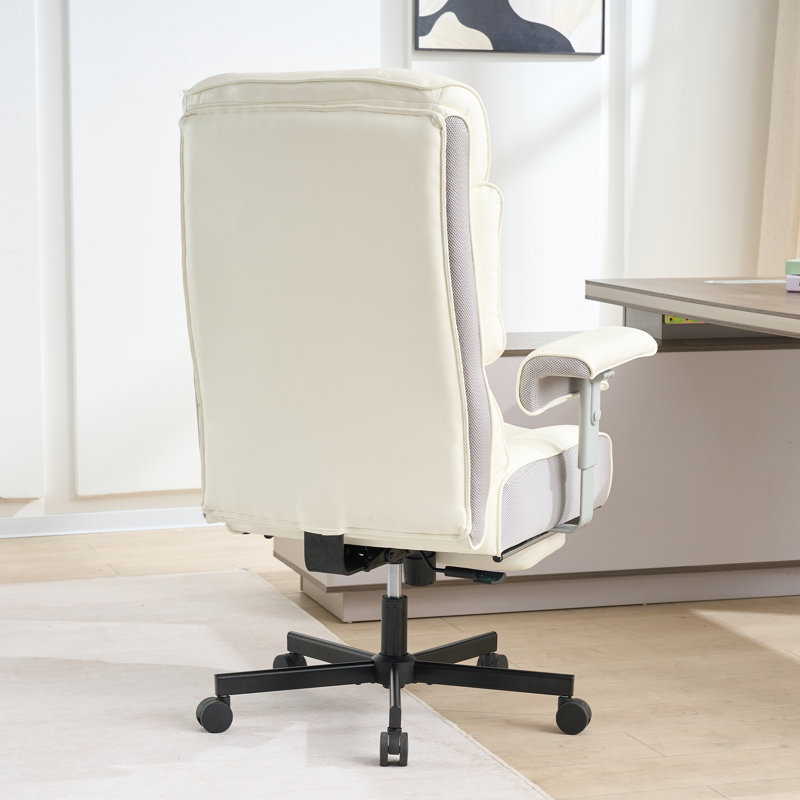 Big and Tall Office Chair 500LBS Capacity High Back PU leather Large Heavy Duty Executive Office Chair with Foot Rest, Lumbar Support, Adjustable Padded Armrests, White