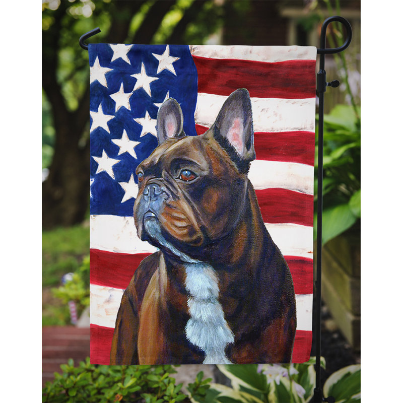2 côtés en polyester de 2 côtés american drapeau de jardin, Bouledogue français brun / blanc