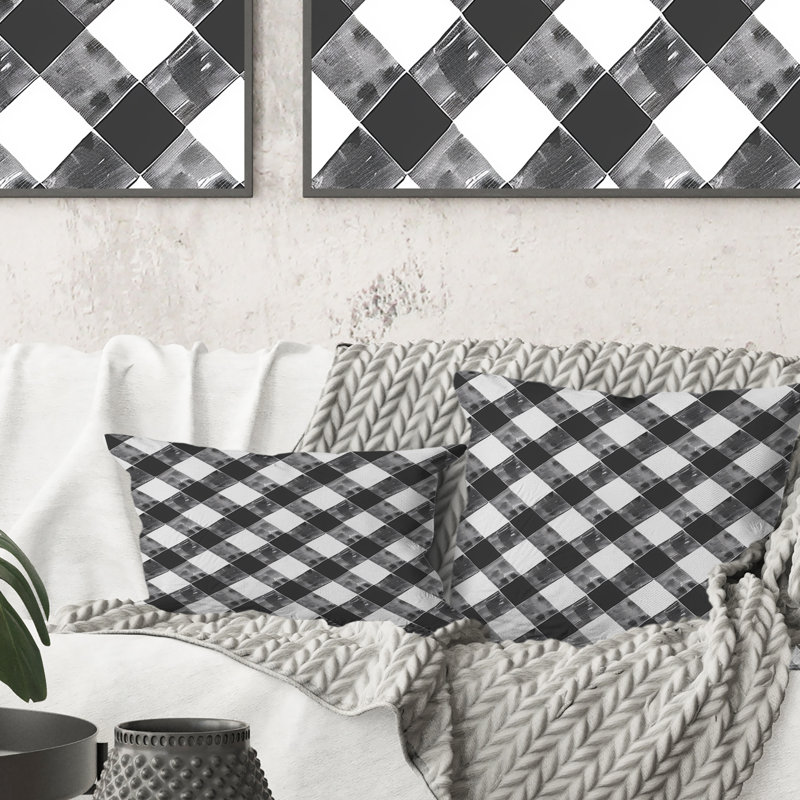 Imprimé vichy noir et blanc - coussin décoratif traditionnel, H 16 po x l 16 po