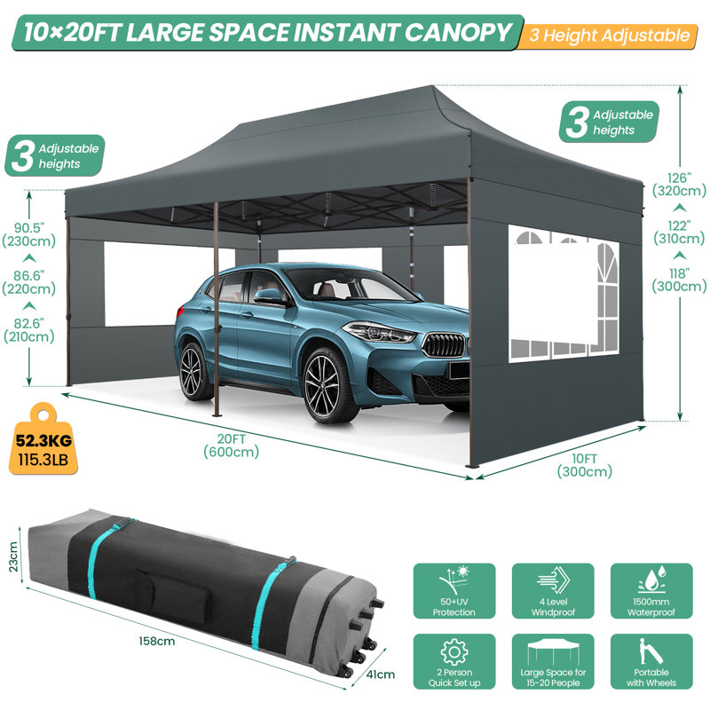 COBIZI 20 Ft. W x 10 Ft. D Heavy Duty Pop up Canopy Tent with 6 Sidewalls, Gray