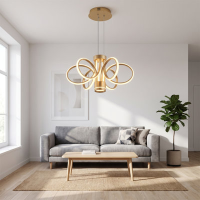 Modern Gold LED Pendant Light, Flower Swirl Curved Loop Design Hanging Ceiling Light, Adjustable Cord Dimmable Chandelier Light Fixture For Dining Room Bedroom Kitchen Island