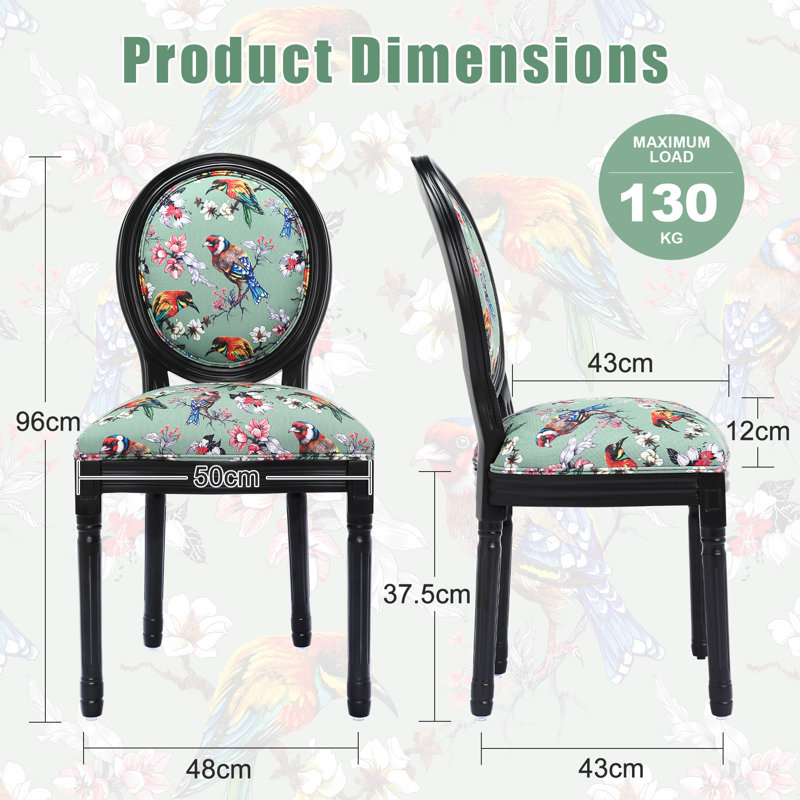 Macaulay 51cm H Linen Upholstered Side Chair, Green Bird and Flower, Black