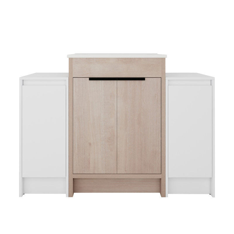 Meuble-lavabo autoportant avec lavabo en céramique et armoires de rangement, porte à fermeture douce, Blanc