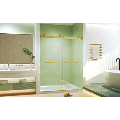 Porte de douche coulissante double brossée carrée en tube d'or brossé de 56 à 60 po x H 74 po, verre trempé de 8 mm, film résistant, poignée en acier inoxydable, barrière à l'eau surélevée, silencieuse pour la salle de bain