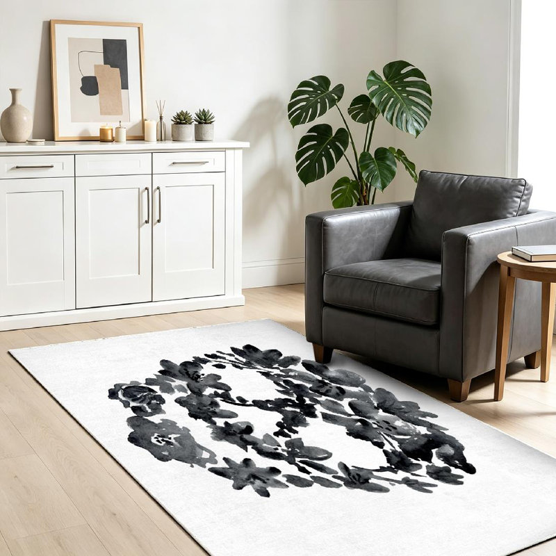 Black Watercolor Skull Flowers Flower White Halloween Floral Machine Washable Indoor Area Rug, Rectangle 39" x 63"