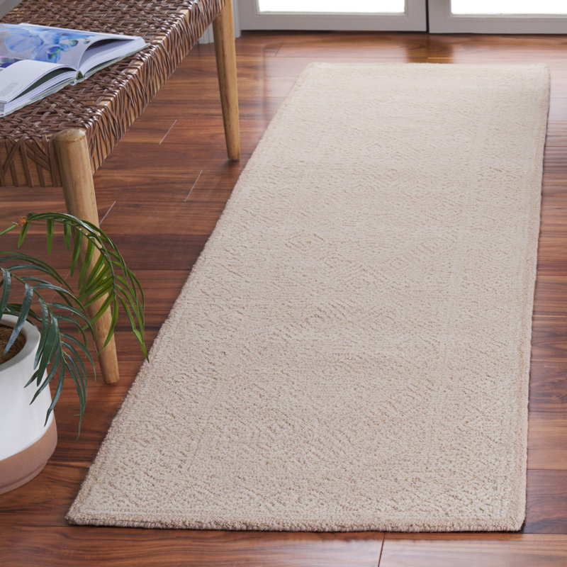 Tapis oriental texturé en coton et laine touffeté à la main beige / rosé, Tapis de couloir 2 pi 3 po x 8 pi