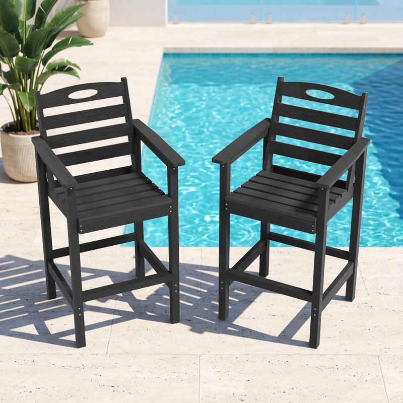 Set of 2 HDPE All-Weather Patio Bar Stools Outdoor Tall Adirondack Bar Chairs with Arms, Black