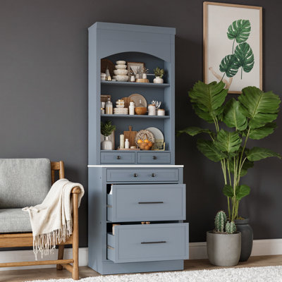 83.7" Tall Modern Kitchen Pantry with Faux Marble Top, Freestanding Hutch with 5 Drawers and Adjustable Shelf