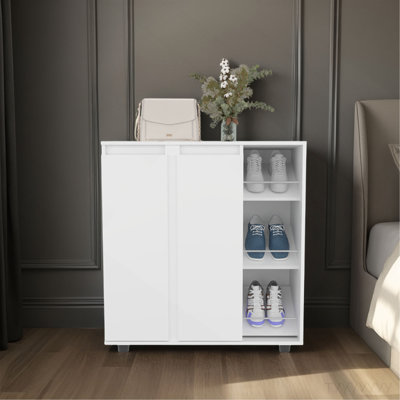 Armoire de rangement pour chaussures Gitano, 2 portes, 8 tablettes fermées, 3 tablettes latérales ouvertes, conception autoportante, entrée ou chambre à coucher, blanc