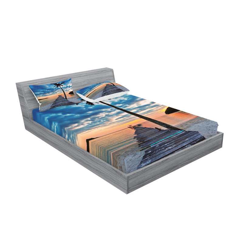Ambesonne Pier Fitted Sheet & Pillow Sham  Set,  Multicolor, Full Sheet Set with 4 Pillowcases