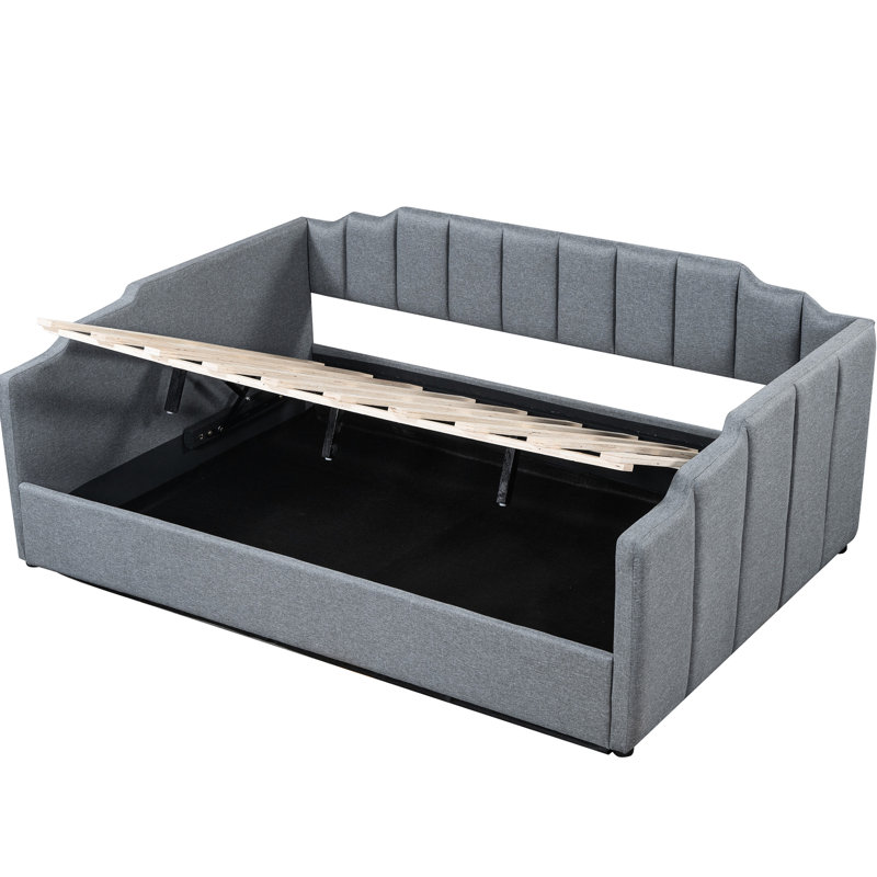 Lit de jour rembourré gris avec compartiment sous le lit, double - option confortable et élégante sous le rangement, ajout de chambre à coucher moderne