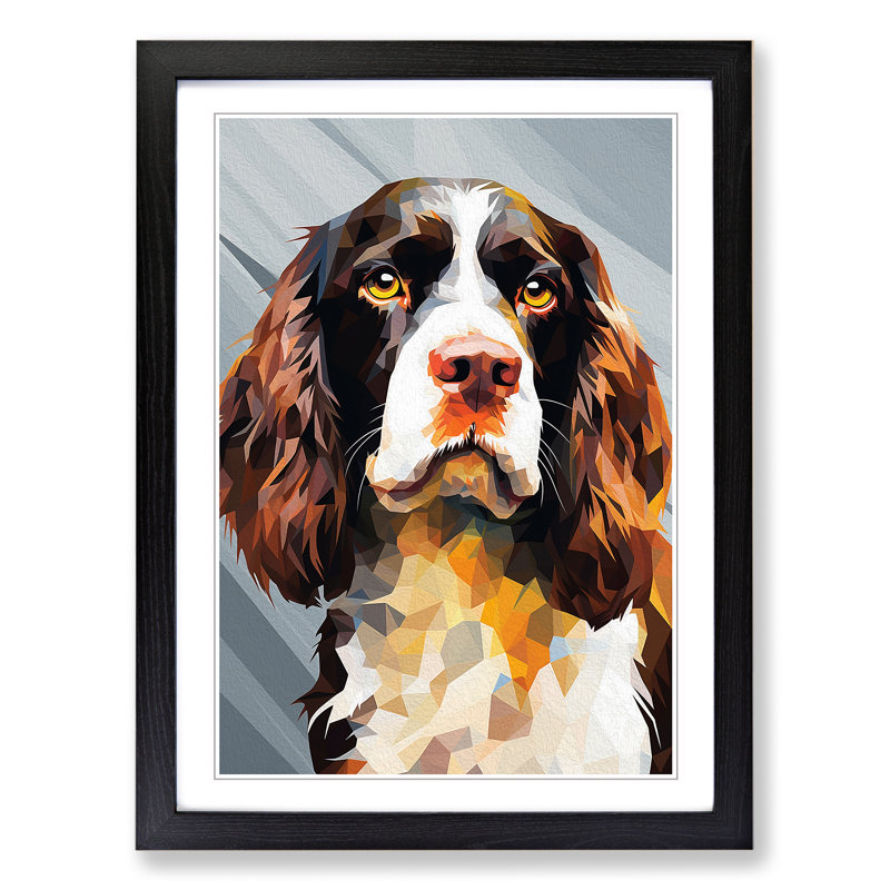 English Springer Spaniel Geometric No.2 - Single Picture Frame Print on Wood, Black, 64cm H x 46cm W x 2cm D