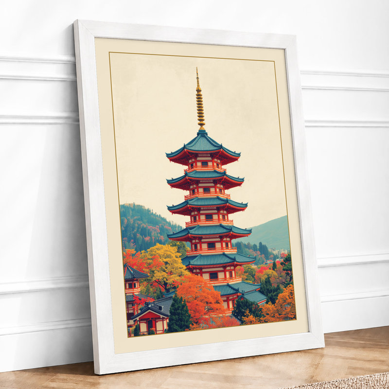 Pagoda in Gold Japandi - Framed Print, A4 - 29.7 x 21.0 cm, White