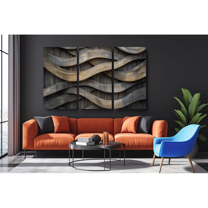 Reproduction d'art sur toile, "Wood Wave Triptych", 16 po x 24 po chacune (3 pièces) (48 po x 24 po), TOILE LAMINÉE