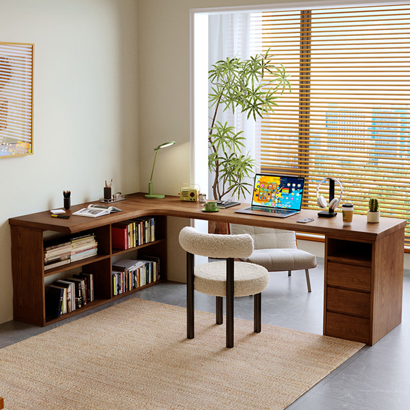 Bureau en bois massif en forme de L brun noyer avec 3 tiroirs, Retour à gauche, H 29,53 po x l 70,87 po x P 47,24 po