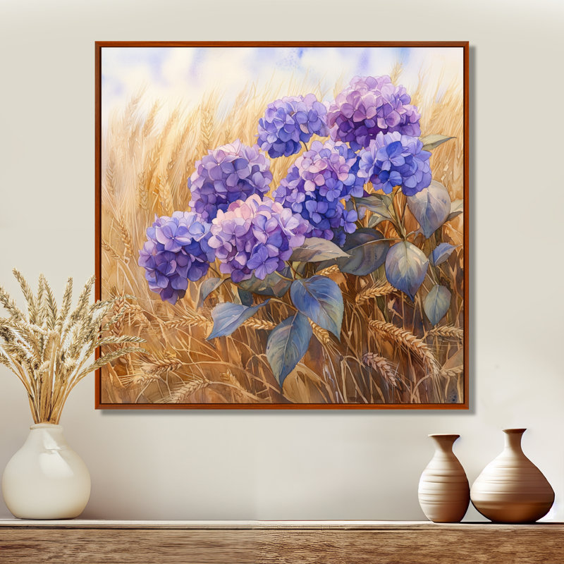 Hortensias dans le champ de blé - art mural hortensias, Impression encadrée flottante, Brun, H 16 po x l 16 po