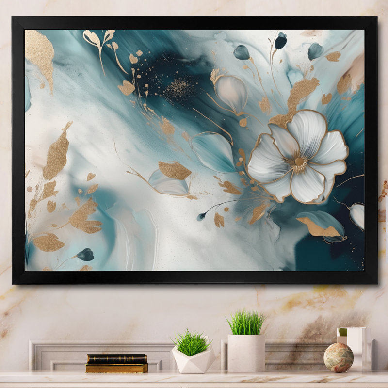 «Blue and Gold Exploration Floral Forms II», reproduction sur toile florale abstraite, Impression noire sur toile encadrée