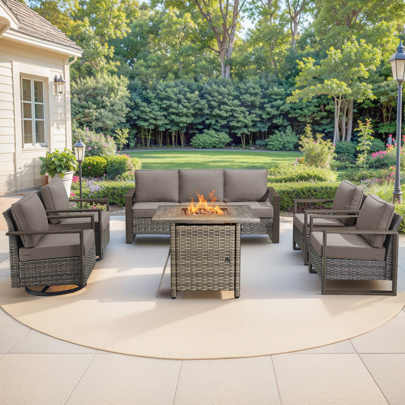 Palomares 6-Piece Outdoor Conversation Set With Swivel Gliders And Square Fire Pit Table, 7-Person Wicker Patio Seating With Armchairs