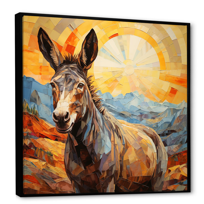 Patchwork Donkey Pastures III - âne, art mural, Cadre flottant noir, H 30 po x l 30 po x P 1,5 po