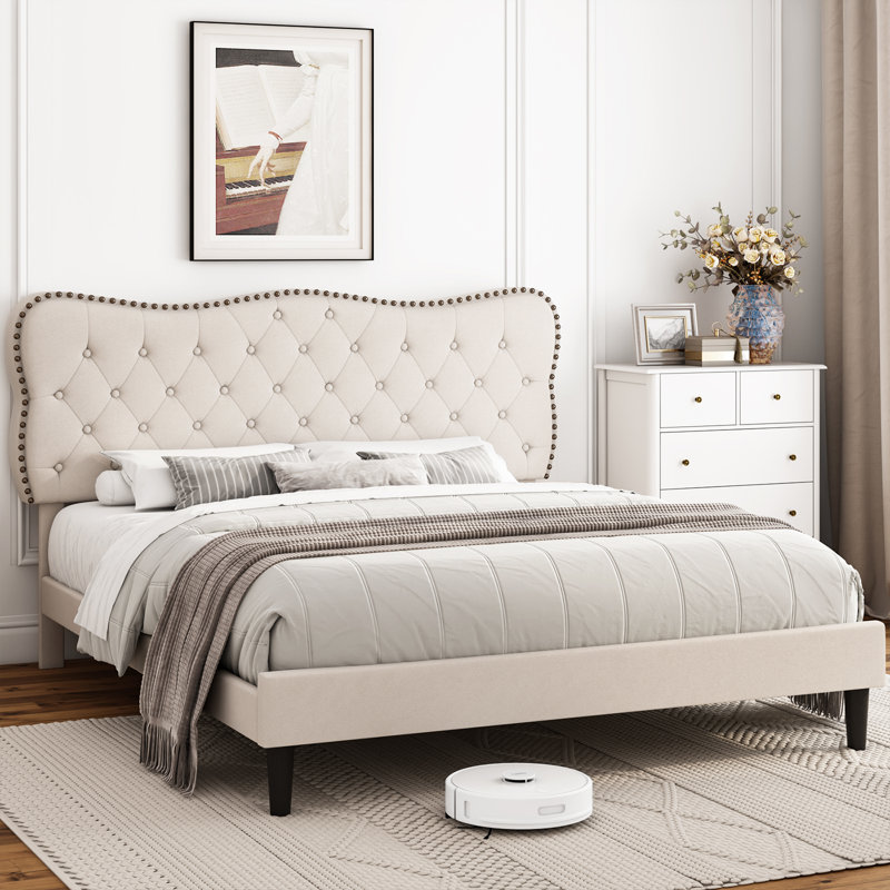 Lofgren Tufted Upholstered Platform Bed with Adjustable Headboard, Queen, Light Beige