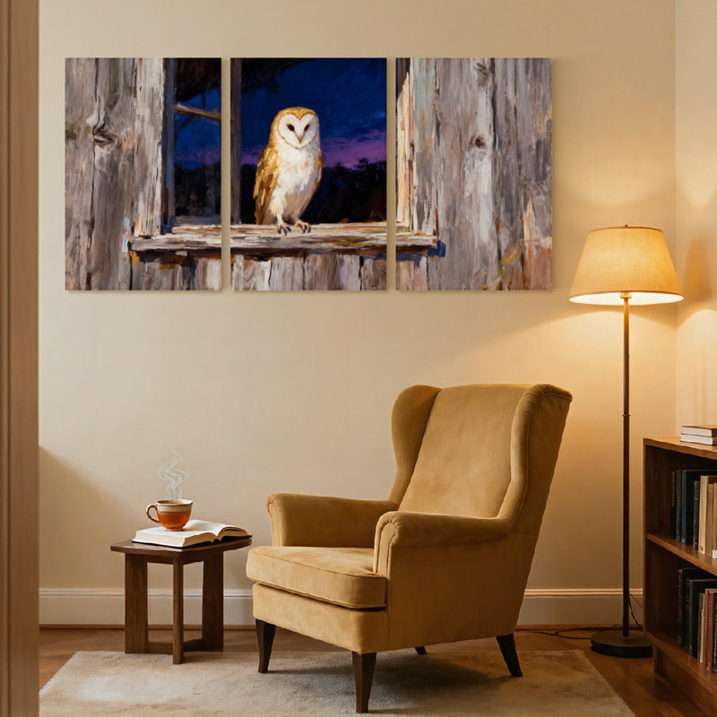 Oiseaux hiboux perchés sur un cadre de fenêtre la nuit, ensemble de 3 impressions sur toile, H 18 po x l 36 po