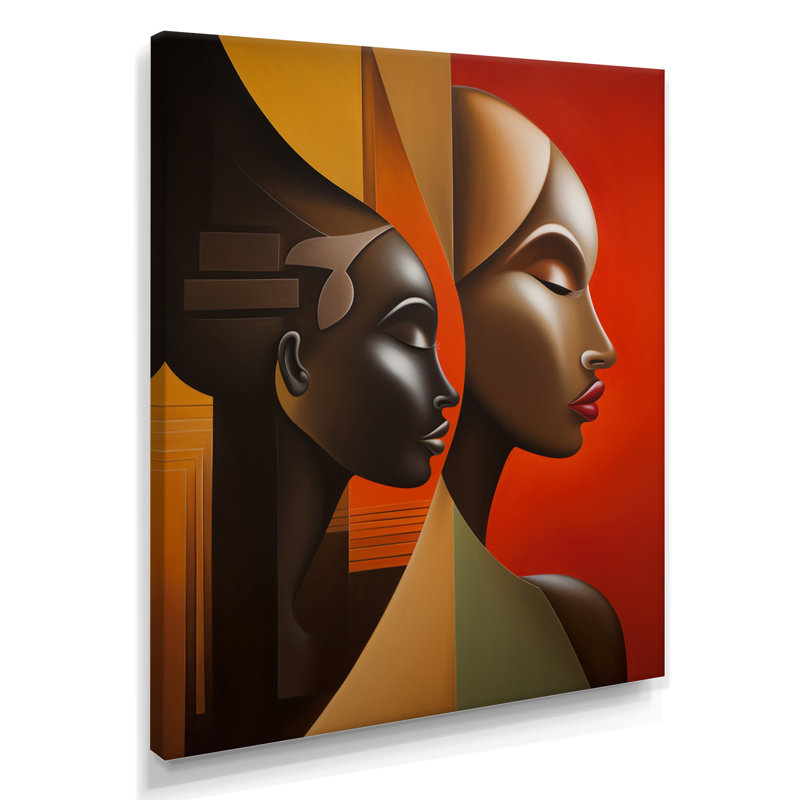 «Retro Minimal Double Ebony Profile III - Masque africain», reproduction d'art, H 32 po x l 24 po x P 1 po, Toile tendue