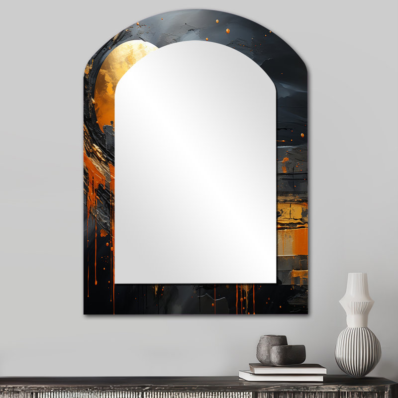 Miroir décoratif asymétrique en forme de lune noire et orange II, 34 po x 25 po
