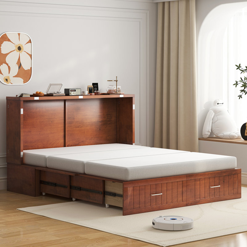 Lit-armoire escamotable en bois massif, grand lit escamotable avec matelas pliant en trois et ports de charge USB, lit d'invité pliable moderne avec grand tiroir de rangement pour le salon, les espaces de chambre à coucher