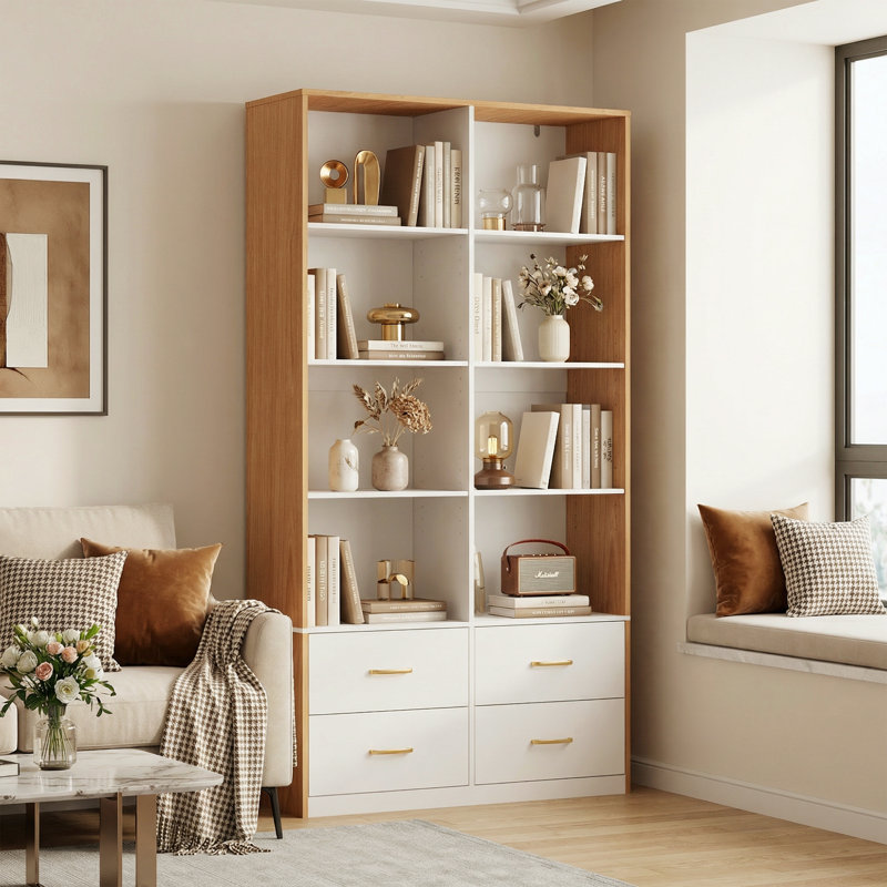 Bookcase Storage Cabinet with 8 Shelves & 4 Drawers, 70.1" H x 38.5" W x 11.7" D, Freestanding Wood Bookshelf for Living Room Home Office