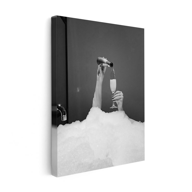 Boire du vin dans un bain moussant, Canvas, White Framed, 16"H x 20"W