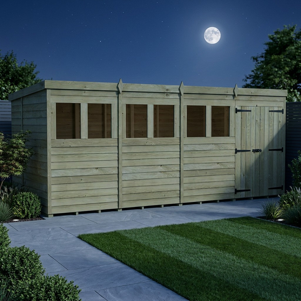 Total Sheds 16ft x 5ft Pent Garden Shed - Double Door - With Windows - Pressure Treated Timber - UK Manufactured