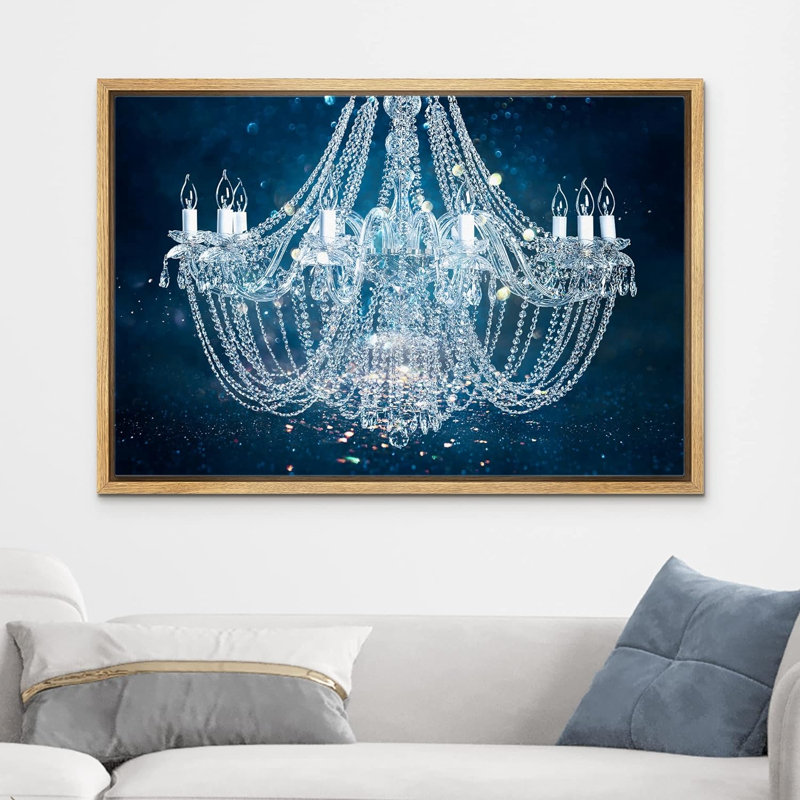 «Blue Glitter», lustre en cristal blanc fantaisie, lumières, art mural contemporain élégant sur toile, Cadre naturel flottant
