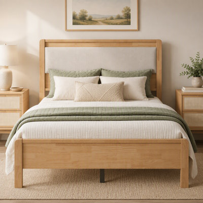 Full Size, Solid Rubber Wooden Bed With Upholstered Headboard