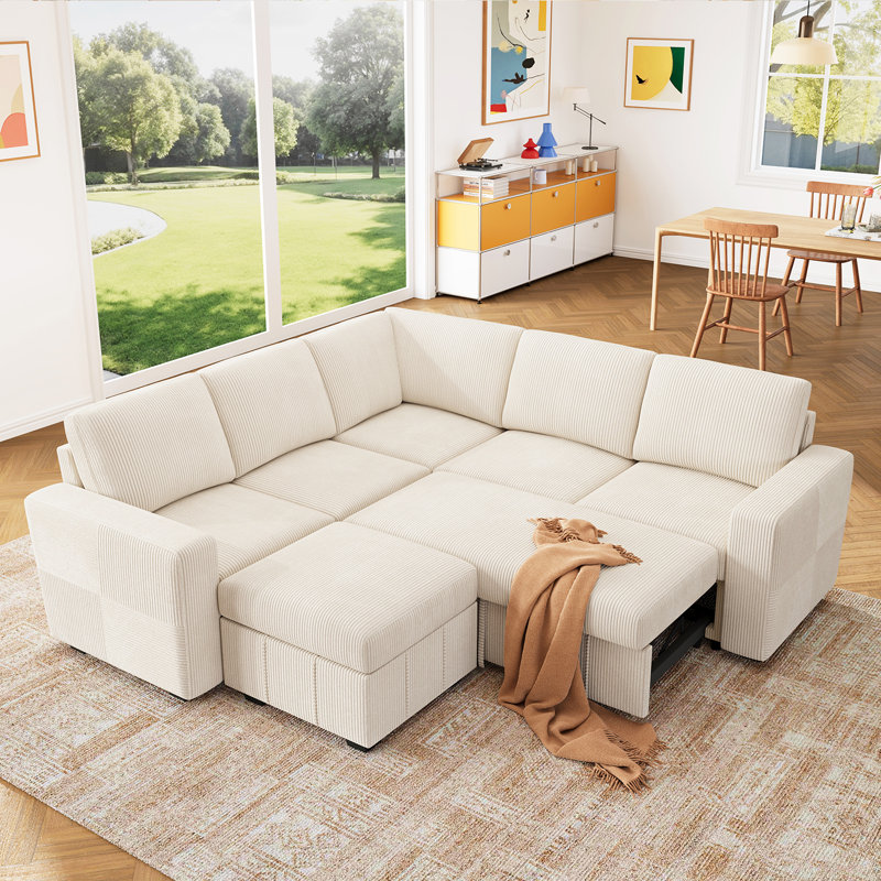 Abramson Corduroy Sleeper Sectional Sofa Bed With Ottoman, Beige Corduroy