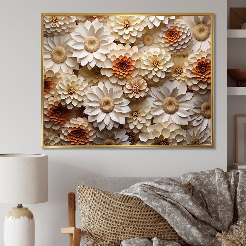 «Vibrant White Zinnias Collage» sur toile, Cadre flottant doré, H 16 po x l 32 po