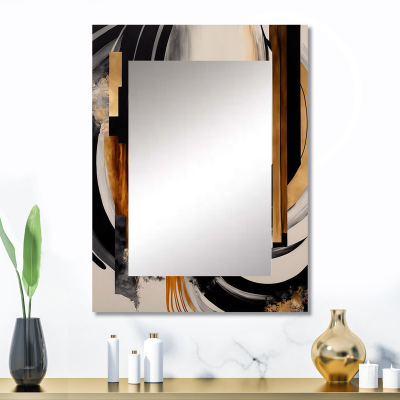 Gold Touch Art Deco IV - Abstract Decorative Wall Mirror, Black Mirror, Printed Metal Art, 32" x 24"