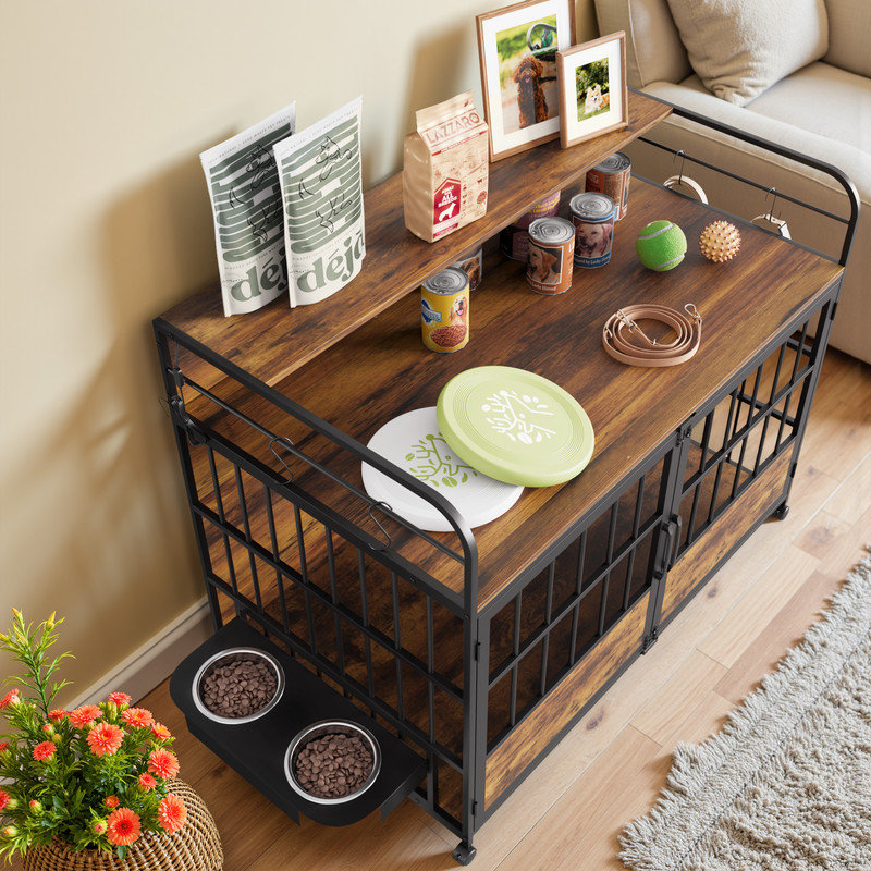 Large Heavy Duty Dog Crate Furniture with Two Platforms - Double-Doors, Chew-Proof Kennel with Storage & Decorative Design