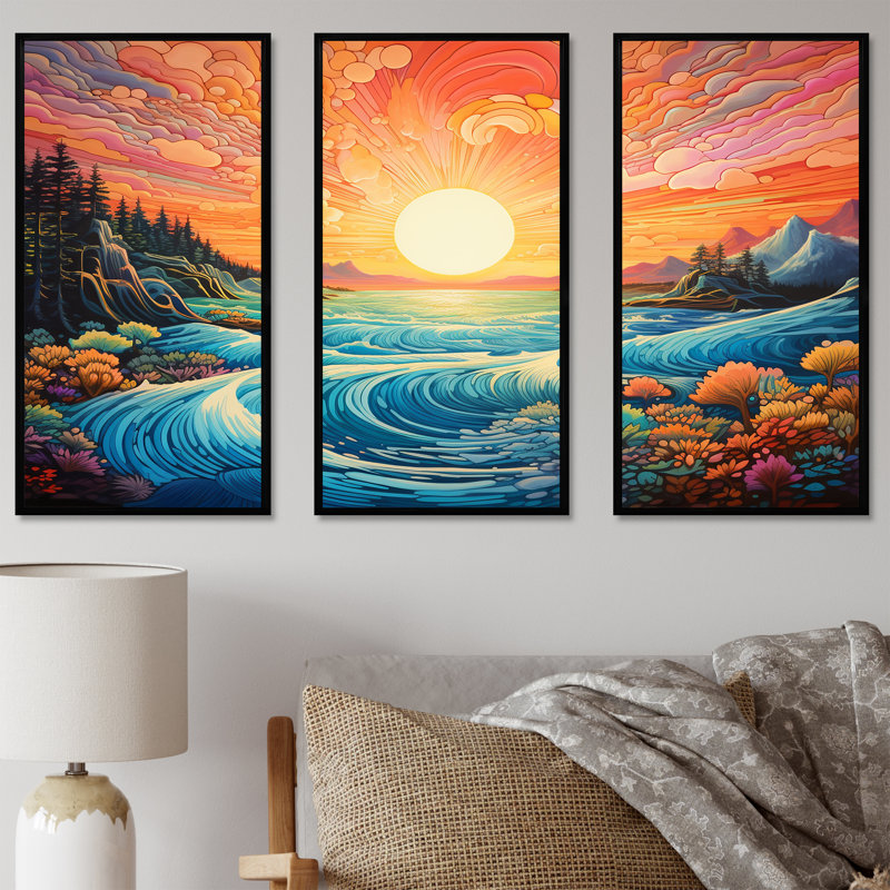 Kawaii, paysage coucher de soleil au Japon II - ensemble d'art sur toile coucher de soleil, Cadre flottant noir