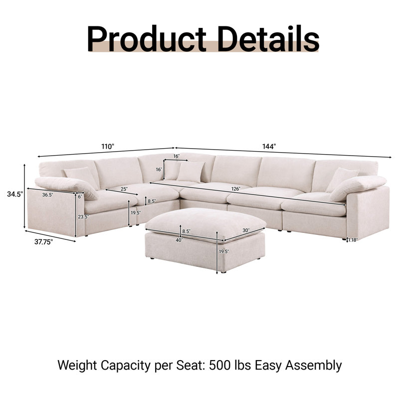 Oversized Corner Sectional Modular Sofa, Shariff Chenille Cloud Sectional Living Room Sets, Beige Chenille